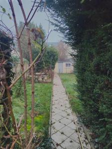 a path in a garden with a house and a tree at Maison 8 couchages in Le Mans