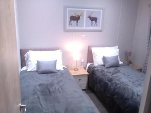 a bedroom with two beds and a table with a lamp at Turnberry lodge in Girvan