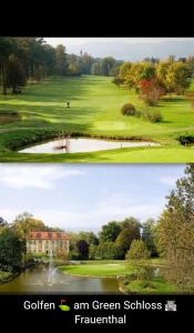 duas imagens de um campo de golfe com um lago em Ferienhaus Herk am Sulzerweg - Deutschlandsberg em Deutschlandsberg