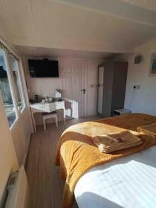 1 dormitorio con 2 camas, escritorio y TV en Private Lodge close to beaches and Goodwood, en Felpham