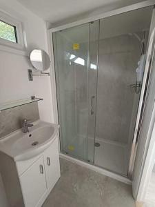 a bathroom with a shower and a sink at Private Lodge close to beaches and Goodwood in Felpham