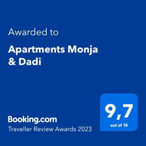 תעודה, פרס, שלט או מסמך אחר המוצג ב-Apartments Monja & Dadi