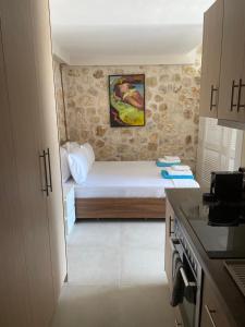 a small room with a bed and a kitchen at CHRISTIES LUXURY SUITES in Syvota