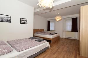 a bedroom with two beds and a chandelier at RP-Apartments in Graz