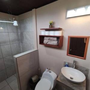 a bathroom with a sink and a toilet and a shower at Casa Esperanza in Río Cuarto