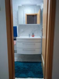 a bathroom with a sink and a mirror and a blue rug at Messezimmer Hannover in Hannover