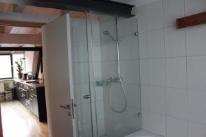Un baño con ducha con puerta de cristal. en empanada ferienwohnung, en Heppenheim an der Bergstrasse 14 fotos más