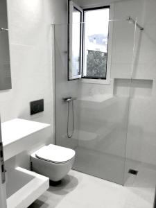 a white bathroom with a shower and a toilet at Grand Panoramic Villa II Lagonissi in Lagonissi