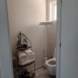 La salle de bains est pourvue de toilettes et d'une étagère avec des serviettes. dans l'établissement Myrapark, à Fethiye