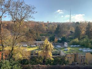 an aerial view of a building with a grass roof at Cozy Nest By the Zoo in Mulhouse