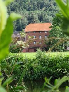 a brick building with a red roof next to a field at Apartment auf dem Hof einer historischen Mühle in Holzhausen