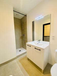 a bathroom with a sink and a toilet and a mirror at "Ribot" Coquet studio en coeur de ville avec wifi et clim in Sète