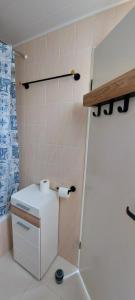 a small bathroom with a toilet and a shower at Casa Mar, studio 4P, vue mer, Sant'Ambroggio, Lumio in Lumio