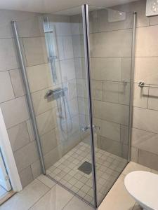 a shower with a glass door in a bathroom at Your own 30sqm house with kitchen, sauna and loft. in Malmö
