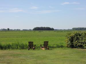 NieuwlandBed & Breakfast De Bodderie的两把椅子坐在桌子旁边的田野里