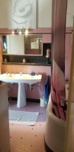 a bathroom with a sink and a large mirror at La CAMPAGNE A LA VILLE in Dijon