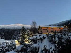 un edificio en la nieve con árboles nevados en Sasanka Szczyrk przy Gondoli en Szczyrk
