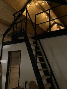 a spiral staircase in a room with a stair case at Tiny Seven in Otterlo