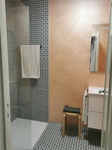 a bathroom with a shower with a stool and a sink at Dunas Flat in Lavra