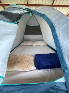 ein Zelt mit einem Bett darin in der Unterkunft Byrahalli Bliss riverside camping in Sakleshpur