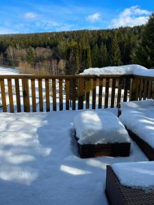 un porche cubierto de nieve junto a una valla de madera en Chata Monika, en Frymburk