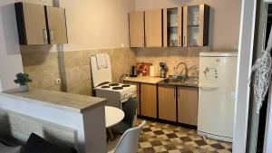 a small kitchen with a refrigerator and a stove at Majdini Clock Tower Apartman in Podgorica