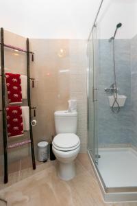 a bathroom with a toilet and a glass shower at Casa Dourada in Barcelos