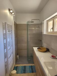 een badkamer met een glazen douche en een wastafel bij Gîte l'atelier de Phil et Delfe in Sainte-Cécile-les-Vignes