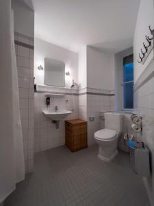 Baño blanco con aseo y lavamanos en Apartments-Maison Am Olivaer Platz, en Berlín