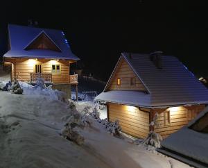 duas casas cobertas de neve com luzes sobre elas em Osada Jaworki B&B em Jaworki