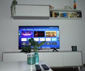 un televisor sentado en la parte superior de una mesa con una planta en Blue waves - free parking, en El Médano