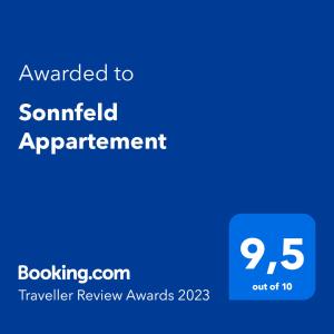 Certifikát, hodnocení, plakát nebo jiný dokument vystavený v ubytování Sonnfeld Appartement