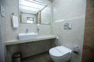 a bathroom with a toilet and a sink and a mirror at Hotel Naaz Executive in Mumbai