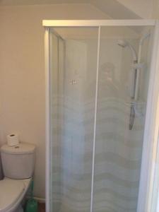 a bathroom with a glass shower with a toilet at Nite Inn Bed & Breakfast in Leeds +11 photos