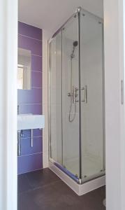 a glass shower in a bathroom with a sink at Aveiro Rossio Hostel in Aveiro