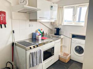 uma pequena cozinha com um lavatório e uma máquina de lavar roupa em Elphinstone HomeShare em Portsmouth