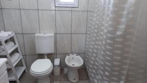 a bathroom with a toilet and a shower curtain at Casa costanera Lago Buenos Aires, Los Antiguos in Los Antiguos