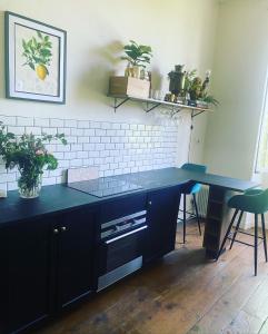 a kitchen with a blue counter and some plants at Maison de l'enfant gites 