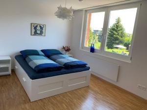 1 cama con almohadas azules en una habitación con ventana en Ferienhaus BMB mit Blick auf den Bodensee und Konstanz en Bottighofen