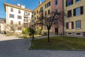 ein Baum in der Mitte eines Innenhofs mit Gebäuden in der Unterkunft Victoria Apartment in Bozen
