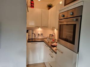 een keuken met witte kasten en een roestvrijstalen apparaat bij Wohnung Nr. 1 Willingen in Willingen