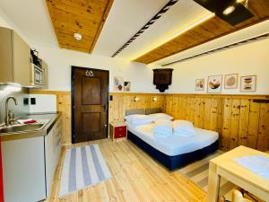 a kitchen and a bedroom with a bed in a room at Apart Samnaun in Ischgl