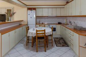 a kitchen with a table with chairs and a white refrigerator at Dimitri's Mountain House in Karpenisi