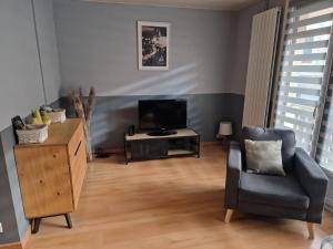 - un salon avec une télévision et une chaise dans l'établissement Au cœur du champagne logement privatif (70 m2), à Épernay