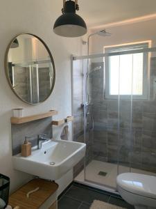 a bathroom with a sink and a shower with a mirror at Apartament Blumenblick in Rielasingen-Worblingen