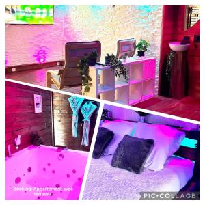 ein rosafarbenes Zimmer mit einem Bett und einer Badewanne in der Unterkunft Faranel in Berlaimont