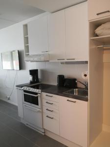 a kitchen with white cabinets and a sink at Levi Jaihki Apartments in Levi