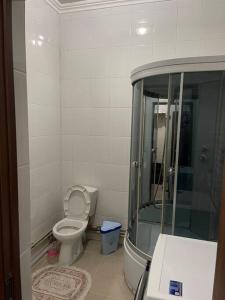a bathroom with a shower and a toilet and a sink at Mondial apartments in Shymkent