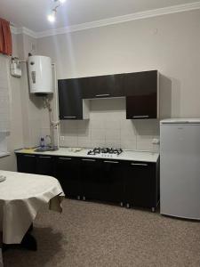 a kitchen with a stove and a refrigerator at Mondial apartments in Shymkent