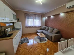 uma sala de estar com um sofá e uma mesa em Apartman Drinić em Sombor